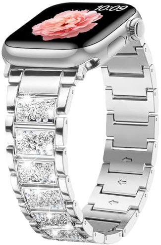 Sixmoat Bling Diamant Metallarmband kompatibel mit Apple Watch Armband für Damen 42mm 44mm 45mm 46mm 49mm, Elegantes Muster Ersatzarmband für iWatch Ultra SE Serie 11 10 9 8 7 6 5 4 3 (Silber)