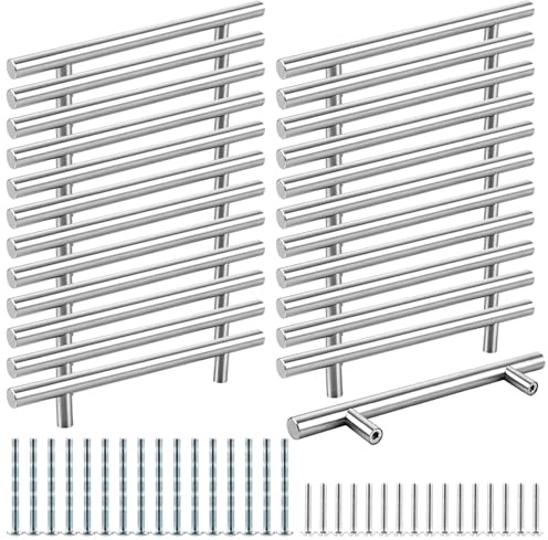 LOLYSIC 24 Stück Griffe für Küchenschränke (128 mm Lochabstand, 200 mm Gesamtlänge) –Edelstahl Möbelgriffe， gebürstete T-Stangengriffe in Silber für Schrank, Küche & Schublade