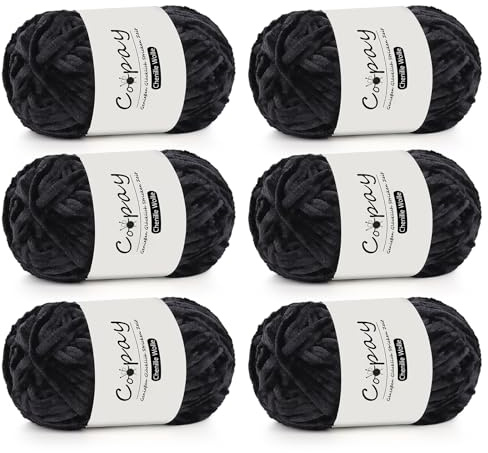 Coopay Chenille Wolle zum Häkeln, 6x100g Weiche Samtig Chenillegarn, Flauschige Dicke Wolle zum Stricken, Warme Plüschwolle Häkelgarn für Decken, Schals, Mützen - Schwarz