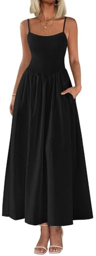 XFSRG Vestito Donna Sexy Spaghetti Regolabili Senza Maniche Maxi Lunga Orlo a Volant Bodycon con Tasche per Sera Festa Cocktail(Nero/M)