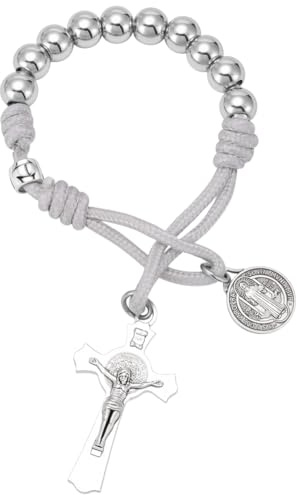 PLIGREAT Chapelet en Paracorde D'Une Dizaine Chapelet de Poche en Perles D'Argent pour Voiture Paracorde Blanche Tissée à la Main en Forme de Croix de 21cm /8 pouces Outil de Prière