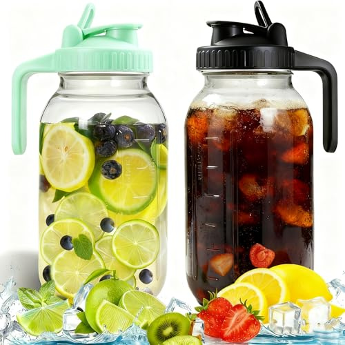 2-Pack Milk Pitcher Jug, 32oz Storage Jars, Wide Mouth Container with Pour Spout Lid for Cold Brew Coffee, Iced Tea, Juice & Milk (Black, Green)