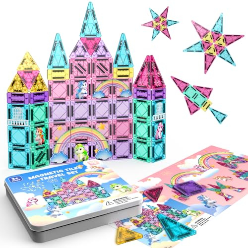 ACELIFE Magnetic Tiles, 60PCS Mini Magnetic Tiles Travel Toys for Boys Girls Age 3 4 5 6 7 8, Portable Magnetic Building Tiles for KidsTravel Set, Magnet Tiles Birthday Gift