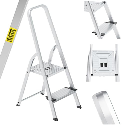 Bayersystem Aluminiumleiter 2-stufig, Stufenleiter, mit Breiten Stufen, leicht, klappbar, tragbar, robust, Belastbarkeit 150 kg, mit breiter Plattform, Multifunktionsleiter Haushalt, Büro und Lager