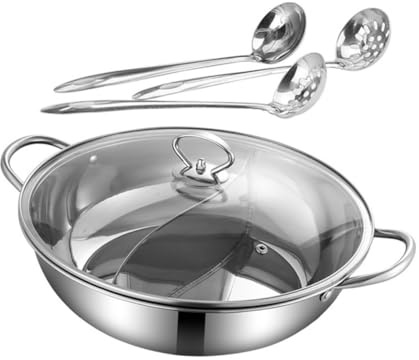 iplusmile Pentola Hot Pot Doppio Scomparto in Acciaio Acciaio Inossidabile con Scolapasta e Cucchiaio Adatta per Cucina a Induzione e a Gas Design Partizionato Antileak per Cottura di Zuppe