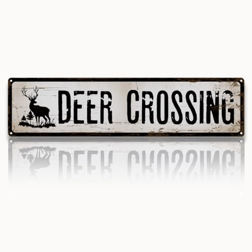 Rustic Farmhouse Metal Sign, “Deer Crossing” Vintage Tin Plaque for Cabin, Pond, Yard, or Garage, Outdoor & Indoor Country Wall Art, Easy to Hang, 15.8 x 4 Inch