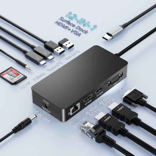 Microsoft Surface Thunderbolt 4 Dock mit 100W Schnellladung– 12-in-1 Surface Dockingstation für 3 Monitore (Dual 4K HDMI + VGA),5Gbps USB-C & Gigabit Ethernet–für Surface Pro 11/10/9/8/7,Laptop,Studio