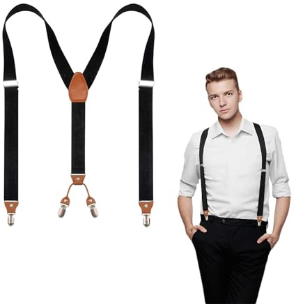 Rbleote Hosenträger Herren, Suspenders Men, Y-Förmiges Design, mit 4 Clips, Verstellbarer Elastische Hosenträger, 2,5 CM X 110 CM, Patchwork-Rindslederdesign, für Damen und Herren (Schwarz)