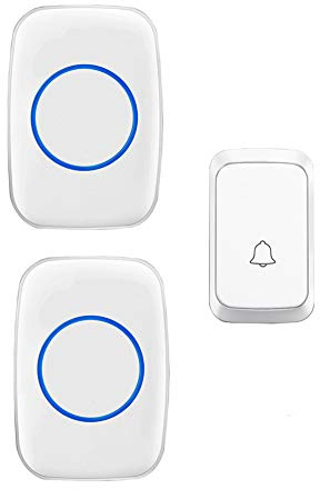 Sonnette sans Fil, kit de Carillon Musical Portable avec Fonction mémoire, 1 Bouton Poussoir et 2 récepteurs, portée 300 m, indicateur LED, 58 sonneries, 4 Niveaux de Volume (Blanc)