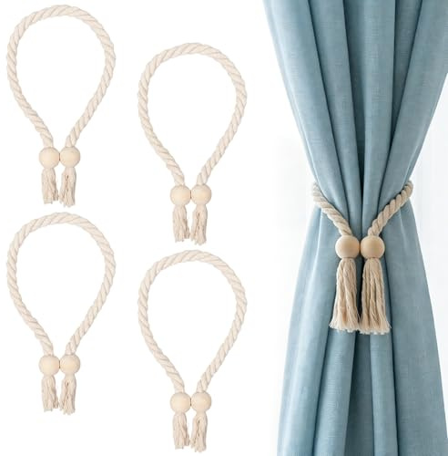 HH-uytnglo 4 Stück Magnetische Vorhang Raffhalter,Gardinenhalter Vorhanghalter,Gardinenstopper,Vorhangspanner,Natürliche Baumwolle,Gardinen Klammern für Zuhause und Büro,Beige