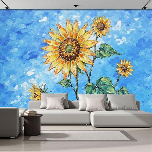Panorama Carta da Parati Murale 200x140 cm, Parati Murali Acquerello Girasole Pittura A Olio Fiori, Azzurro cielo Poster Con Effetto 3D Decorazione Soggiorno Camera Letto Sala Ufficio