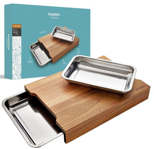 Kuppels SLICE Prep Akazienholz Schneidebrett mit 2 Auffangschalen 47x33,5cm | Profi-Holzbrett mit Aufbewahrungssystem, hygienisch, schnittfest, pflegeleicht, mit Griffmulden, für Gemüse & Fleisch