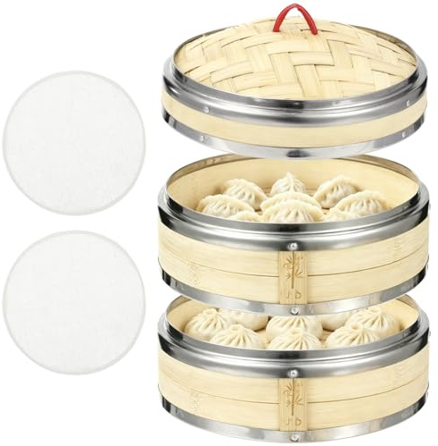 3 Pcs 2 Tier Wood Steamer with Lid and Cotton Sheets, 7.9 x 2.0 in Natural Wood Steaming Basket with Stainless Steel Rim, Food Dim Sum Steaming for Cooking Vegetables, Rice, Fish