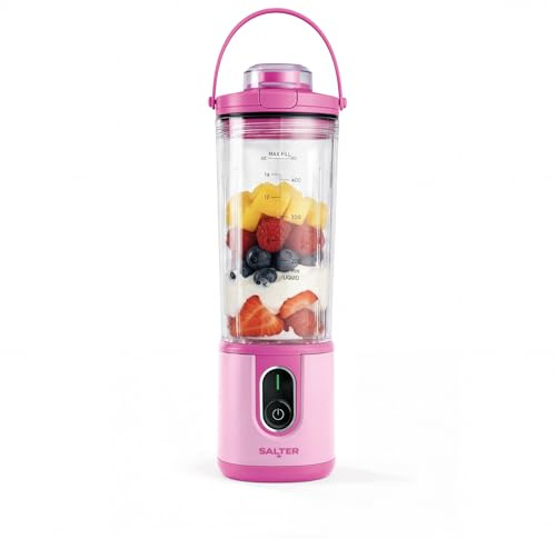 Salter ActiBoost Portable Blender, Cordless 450ml Bottle, 100W Pink | Stainless Steel Blades, Pulse Function, 40-Second Timer, BPA-Free Bottle, Includes Blade Cover And Bottle Base