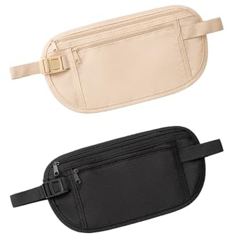 Pinpulux 2Pcs Travel Money Belt, Ultra-Thin Secure Travel Passport Cover in-Garment Hidden Anti-Theft Waist Bag Money Pouch Belt Wallet Holder Under Clothes Cash Credit Cards for Women Men
