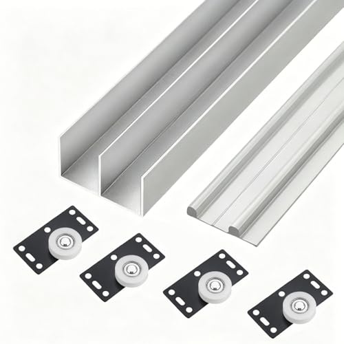 Sliding Door Track Set - Heavy Duty Double Track Aluminum Rail Kit for 15-18mm Thick Wardrobe, Cabinet, Bathroom Doors Easy Installation