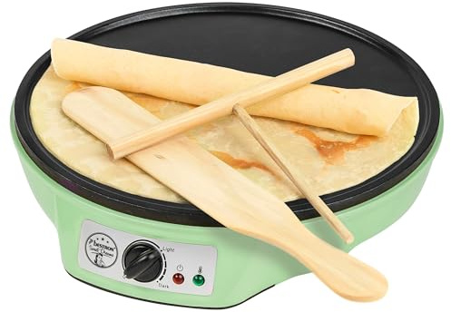 Crepera eléctrica Bestron verde Ø 30 cm – Termostato regulable | Revestimiento antiadherente | Con repartidor en T y espátula de madera – ASW602G