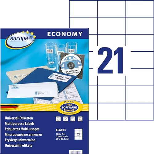 Europe100 Art. ELA013 Adressaufkleber (2.100 Klebeetiketten, 70x42,3mm auf A4, Papier matt, individuell bedruckbar, selbstklebende Adressetiketten, kompatibel zu AVERY 3652) 100 Blatt, weiß