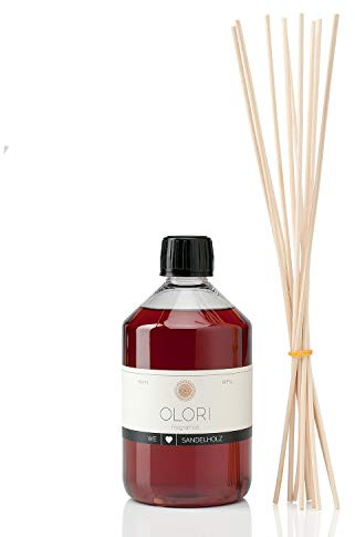 Raumduft Nachfüll-Set „Sandelholz“ 500ml inkl. 10 Rattan-Stäbchen - Duftöl mit ätherischen Ölen - Nachfüller Raumdüfte erdig, holzig & sinnlich - Nachfüllflasche ideal als Männer-Duft 100% Natürlich