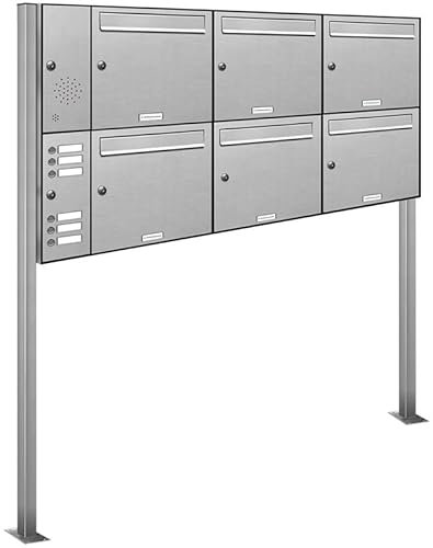 AL Briefkastensysteme 6er V2A Edelstahl Standbriefkasten mit Klingel rostfrei als 6 Fach Briefkastenanlage in Postkasten Briefkasten Design modern