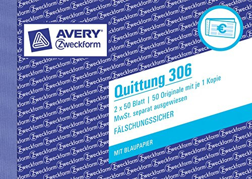 Avery Zweckform 306 Quittung MwSt. separat ausgewiesen (A6 quer, 1 Blatt Blaupapier, 2x50 Blatt) weiß (10 Stück)