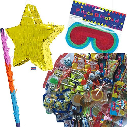 Pinata Set: * STERN * gold mit + Maske + Schläger + 100-teiliger Süßigkeiten-Füllung No.1 von Carpeta© // Handgefertigte spanische Pinata. Tolles Spiel für Kindergeburtstag oder Mottoparty