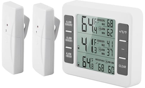 Termómetro inalámbrico digital para frigorífico, alarma acústica, frigorífico, congelador, termómetro con sensor de 2 unidades, pantalla min/máx