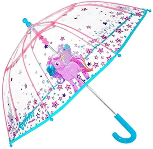 Einhorn Kinder Regenschirm Bubble Stick Regenschirm für Mädchen Winddicht und widerstandsfähig Kuppel Brolly Sicherheitsöffnung 3 bis 6 Jahre Transparent Durchmesser 64 cm Cool Kids