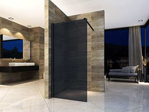 ALONI Walk In Dusche begehbare Duschwand, 90x200 cm | ESG Rauchglas, Nano-Beschichtung, Antikalk-Versiegelung, teilgerahmt, links oder rechts montierbar
