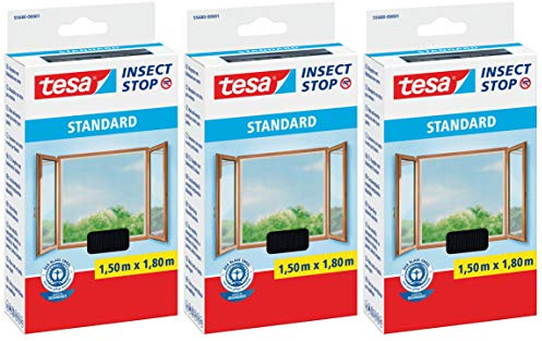 tesa Insect Stop Standard Fliegengitter für Fenster - Insektenschutz zuschneidbar - Mückenschutz ohne Bohren - 3 x Fliegen Netz - 150 cm x 180 cm - Anthrazit