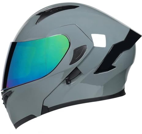 Woljay Full Face Flip Up Motorcycle Modular Helmet Integrated Motorbike Dual Visor for Adults Men Women Moped Street Racing DOT Approved (XL,Grey-Multicolor Visor)