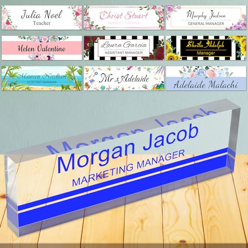 Placas de nombre de escritorio para oficina, placa de nombre personalizada para escritorio, vidrio acrílico transparente, decoración de escritorio de oficina para mujeres o hombres, 8 x 2.5 pulgadas