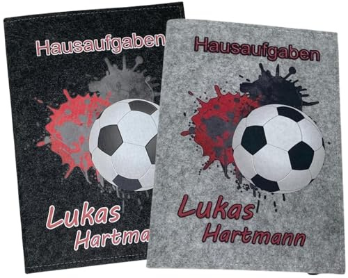 Hausaufgabenheft Hülle personalisiert mit Namen Datum schlicht A5 - Grundschule für Mädchen und Junge - Einschulungsgeschenke Heftumschlag - Geschenkideen Einschulung - Fussball Rot