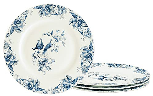 fanquare 8 Bone China Dessert Plates Set of 4, European Blue Floral Pasta Bowls Set, Porcelain Salad Plates for Soup, Microwavable Plates