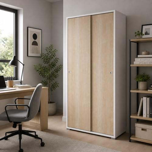 Yellowshop - Armadio SLIDE Guardaroba con 2 Ante Scorrevoli e 2 ripiani – Design Moderno, Salvaspazio – Colore Bianco/Rovere – L90xP45xH195 cm
