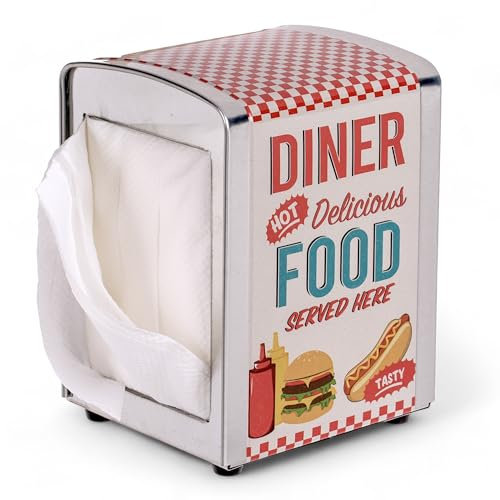 Serviettenspender Diner Serviettenhalter mit Retro-Logo, ca. 14,5 x 10,5 x 9,5 cm, inkl. 60 Servietten (Delicious Food)