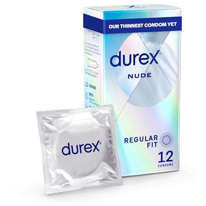 Durex Nude, Ultra Thin, 12 Condoms, Regular Fit, with Silicone Lube, Easy on Shape, Teat Ended, Our Thinnest Latex Condom Yet, Transparent Natural Latex Condoms, Trusted Durex Protection