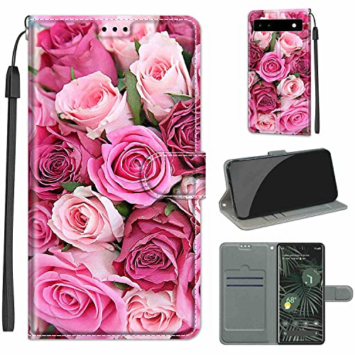 Handyhülle für Google Pixel 6A, Blätter und Rosen | Standfunktion, Kartenfach, Magnetisch, Stoßfeste Schutzhülle, Flip Leder, Klapphülle