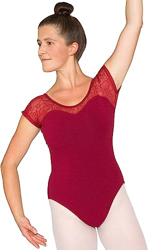 tanzmuster Ballett Trikot Damen Kurzarm - Natalie - Baumwolle - BH-Pad-Einschub - Ärmel aus Spitze geblümt - Tanz Body - Ballettkleidung für Erwachsene