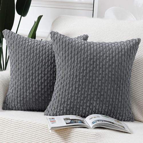 Madizz 2er Set Boho Gestreifte Kissenbezüge Weicher Kord Dekorativer Kissenbezug für Schlafzimmer Sofa Kissenhülle Grau 50 x 50 cm