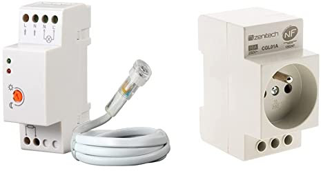 Maclean MCE83 Capteur crépusculaire Interrupteur pour rail DIN avec sonde externe 220–240 V/AC, 50 Hz 20 A & Zenitech-Prise modulaire 2P+T NF - Zenitech