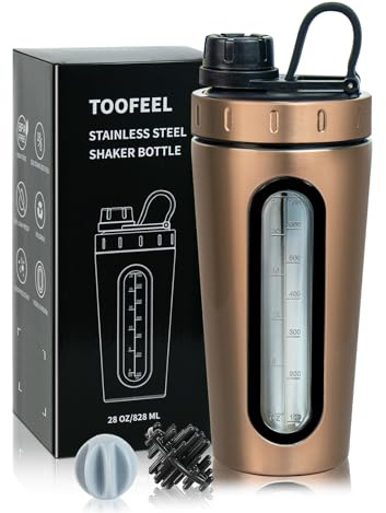 TOOFEEL Coctelera de acero inoxidable – Vaso mezclador de proteínas de 28 onzas con 2 batidores todos, ventana visible, a prueba de fugas, no frío/caliente, para entrenamiento de gimnasio