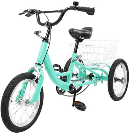 Chynalys 14 Zoll Dreirad für Kinder, Fahrrad mit 3 Rädern aus hochwertigem Stahl und Korb Dreirad, 3-Rad Cruiser Bike mit Korb, 3 Räder Kinderfahrräder Für Jungen/Mädchen (Hellgrün, 14 Zoll)