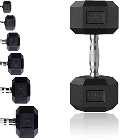 MAXSTRENGTH Hex Kurzhantel-Set, 15 kg, Poly-Gummi, umhüllt, Gewichte-Set, Gusseisen, Chrom, Heim- oder Fitnessstudio, Krafttrainingsgerät (15 kg x 1 – einzeln)