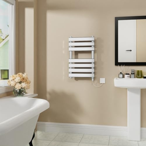 Warmehaus Electric Flat Panel Heated Towel Rail Chrome 650x400mm 400W | Prefilled, Bathroom Ladder Radiator Warmer, Electric Towel Radiator, Wall Mounted, Mild Steel, Energy Efficient