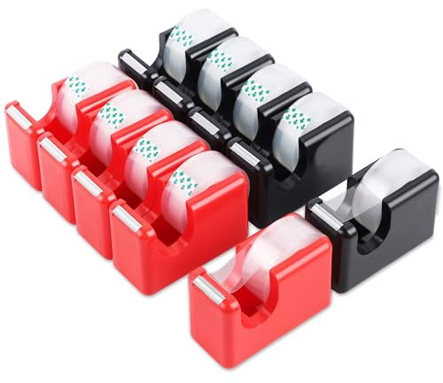 Lichamp 10 Pack Office Desktop Tape Dispenser Includes 10 Rolls of 1 Inch Core Tapes 3/4 in x 1000 in, Red and Black Desk Tape Dispensers Non-Skid Base, Great for School, Office and Home