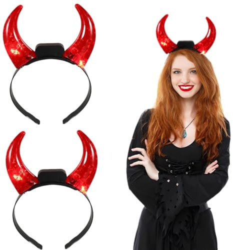 FOMIYES 2 Stück Leuchtender Teufel Stirnband Leuchtendes rotes Horn Stirnband Kostüm Haarschmuck für Damen Herren Halloween Karneval Cosplay Foto Prop Teufelshörner Kopfschmuck (rotes)