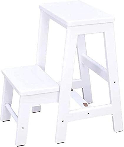 BODHIS Klappbarer Leiterstuhl aus Holz, Treppenhocker, Holzleiter mit 2 Stufen, Küchenleiterhocker, Haushaltsleiterhocker für Erwachsene (weiß)