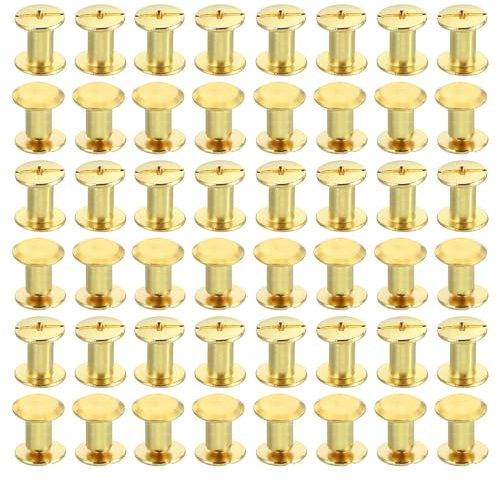 PATIKIL 50 Juegos Chicago Tornillos de Unión Phillips M5X8mm Remaches de Cuero Conectores de Remaches de Latón Sujetador de Acero para Cuero Cinturones Recortes Álbumes Dorados