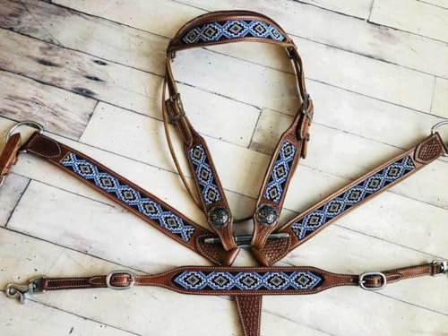 EQUIGEAR Western-Leder-Set mit handgefertigtem Kopfstück und Vorderzeug mit Zügeln. /Size-Full,Cob,Pony AV-029 (Full)